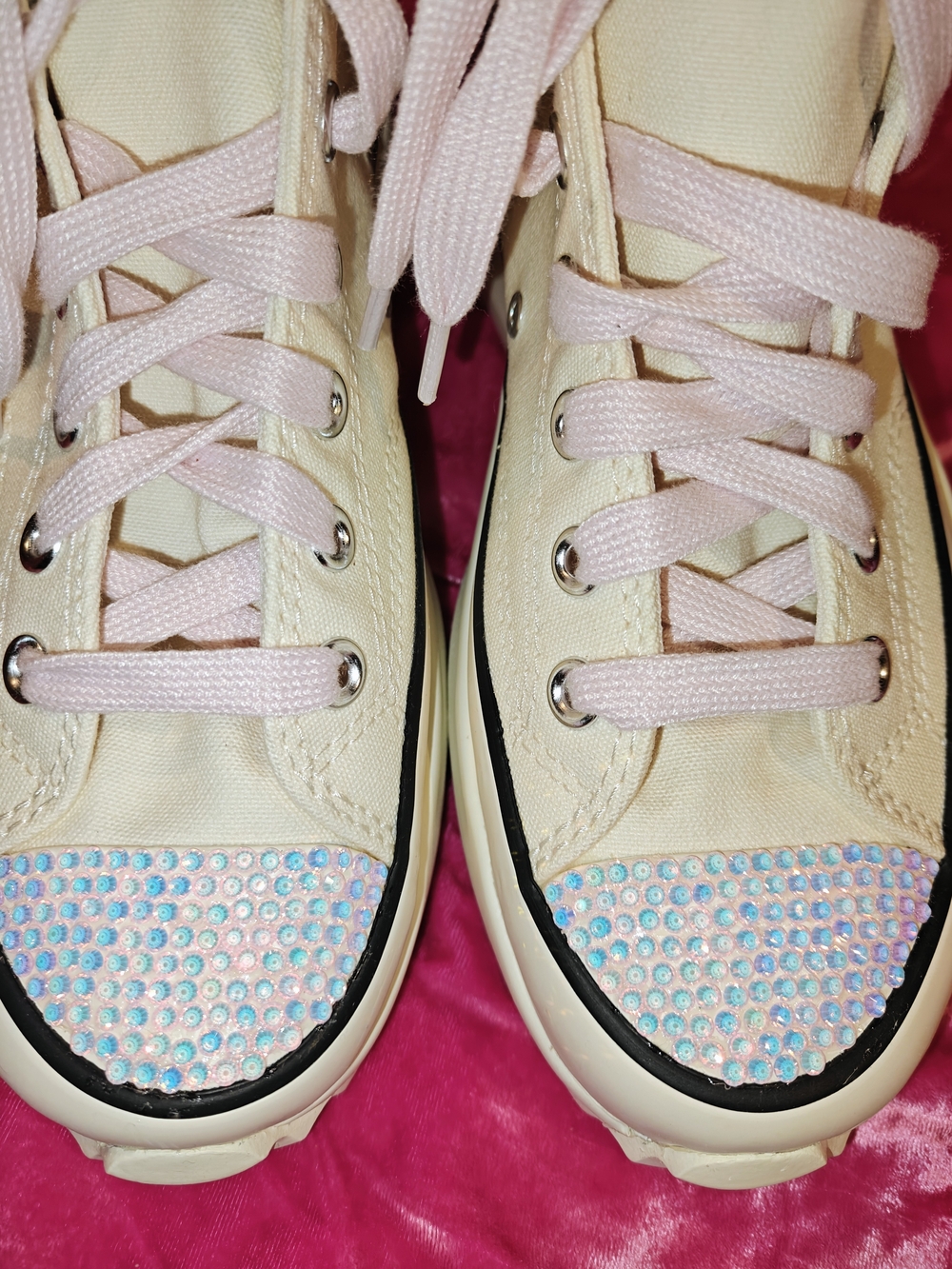 Converse Upcycled Rhinestones Cream Stars High-Top Sneakers with Pink Accents 9
